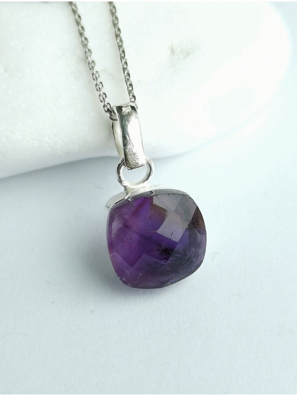 Modernist Amethyst Pendant Necklace in Sterling Silver  🆕